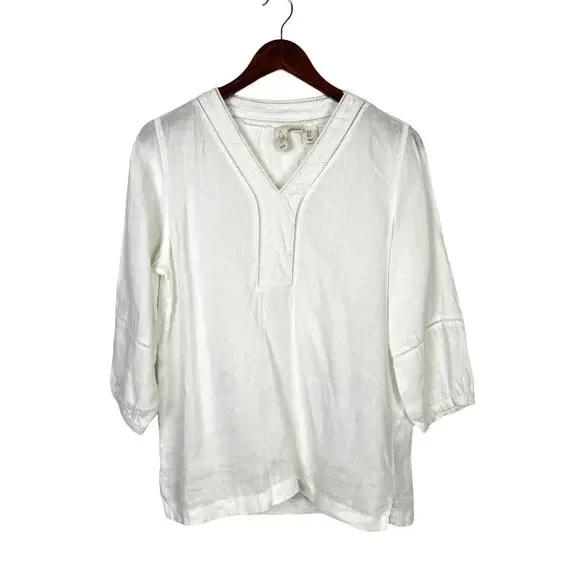 Joie | White 100% Linen Eyelet Detail V-neck 3/4 Sleeve Casual Tunic Top - Picture 4 of 12
